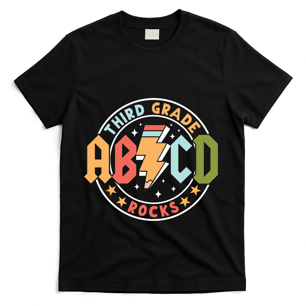 Abcd 3rd Grade Rocks Pencil Lightning Teachers Rock T-Shirt - Black