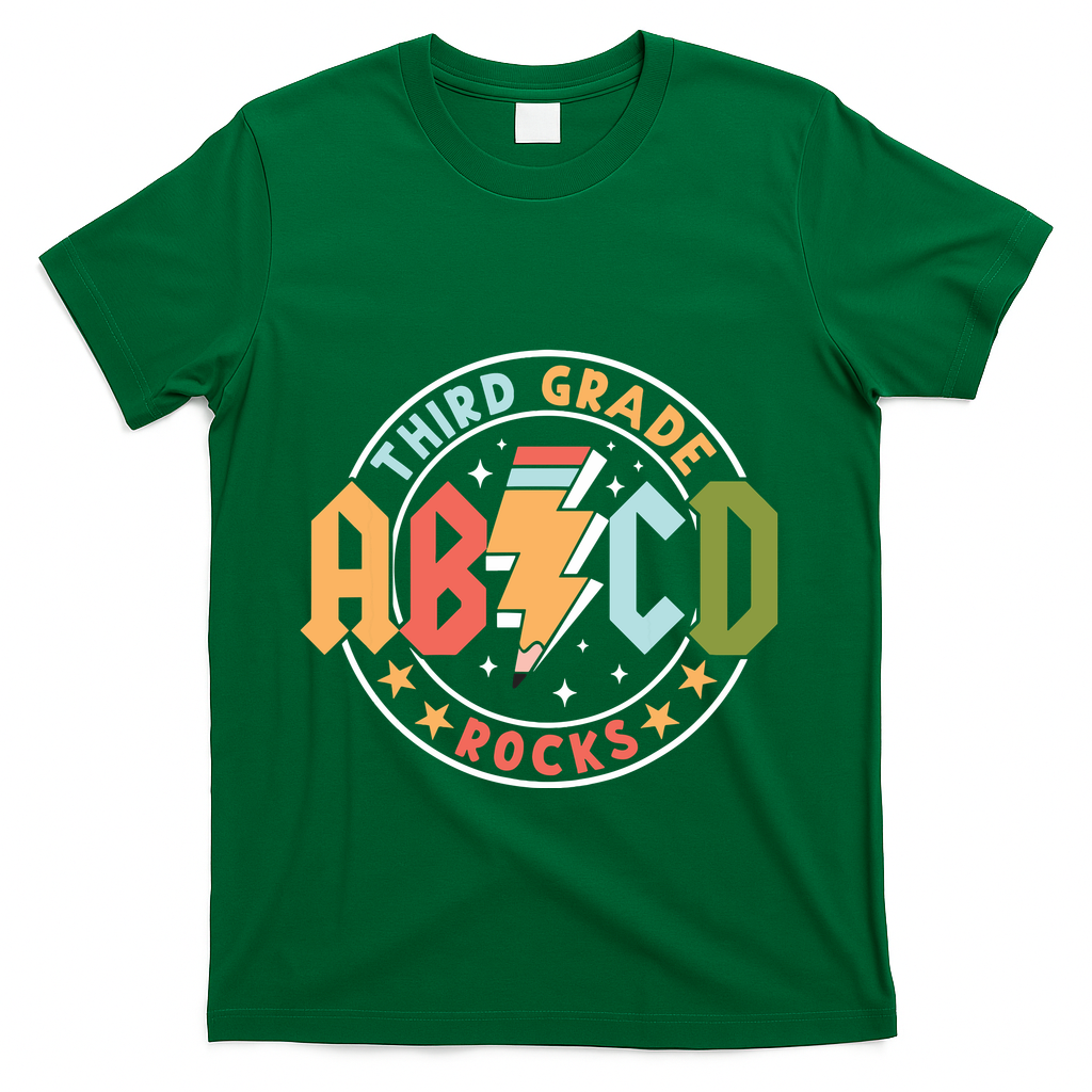 Abcd 3rd Grade Rocks Pencil Lightning Teachers Rock T-Shirt - Green