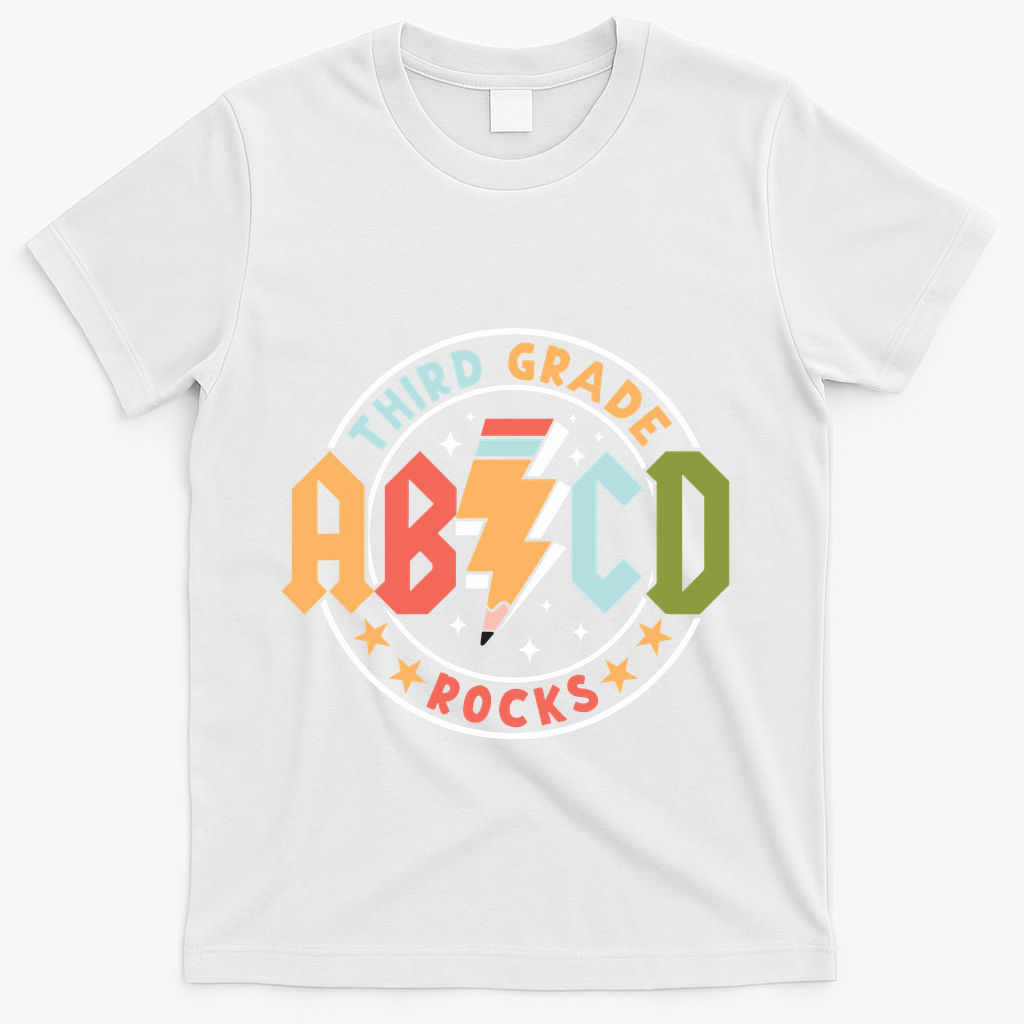 Abcd 3rd Grade Rocks Pencil Lightning Teachers Rock T-Shirt - White