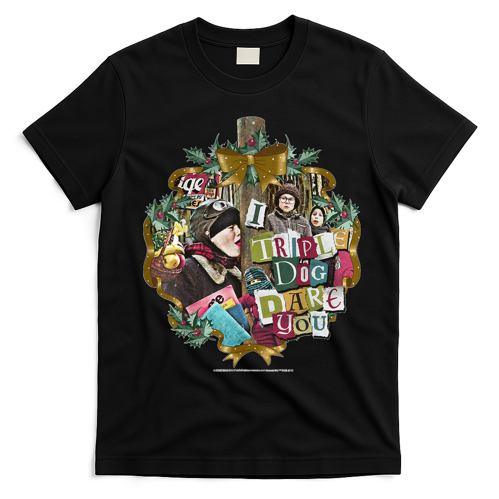 A Christmas Story I Triple Dog Dare You Collage Wreath T-Shirt - Black