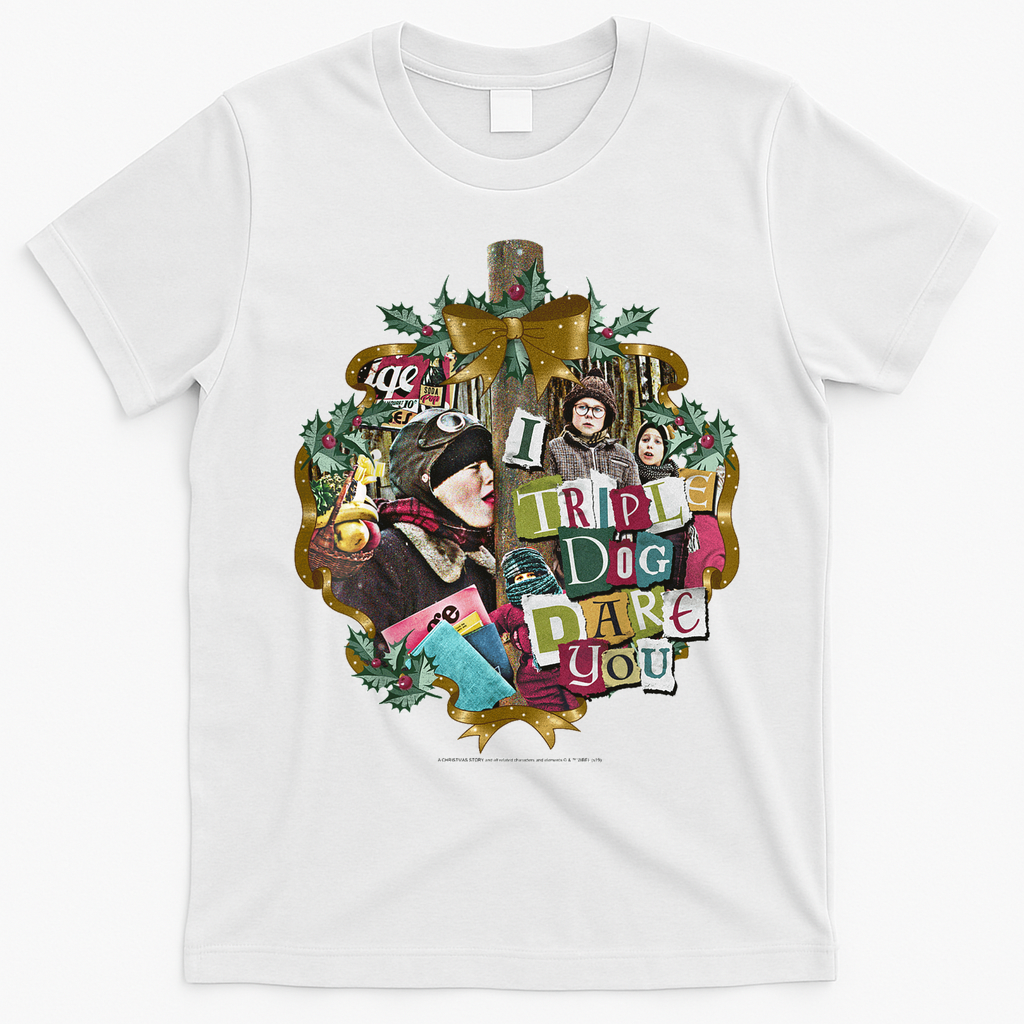 A Christmas Story I Triple Dog Dare You Collage Wreath T-Shirt - White