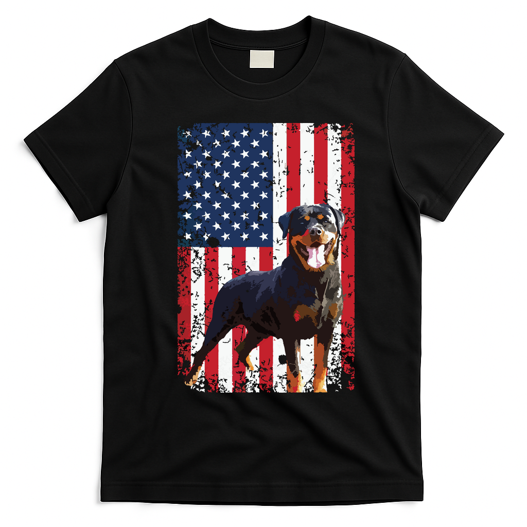 American Flag Rottweiler Dog Lover Funny 4th Of July Dog T-Shirt - Black