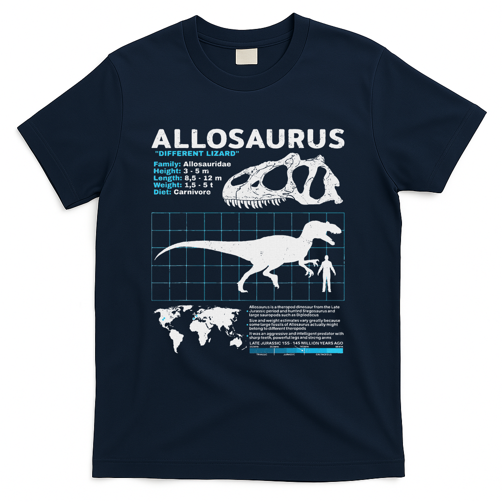 Allosaurus Fact Sheet Dinosaur Facts T-Shirt - Navy