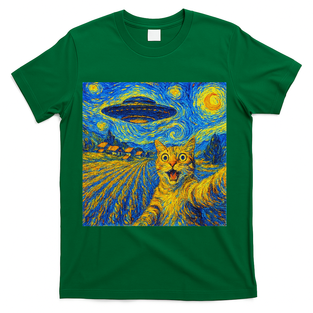 Alien Invasion Starry Night Cool Cat Lovers Gift Idea T-Shirt - Green