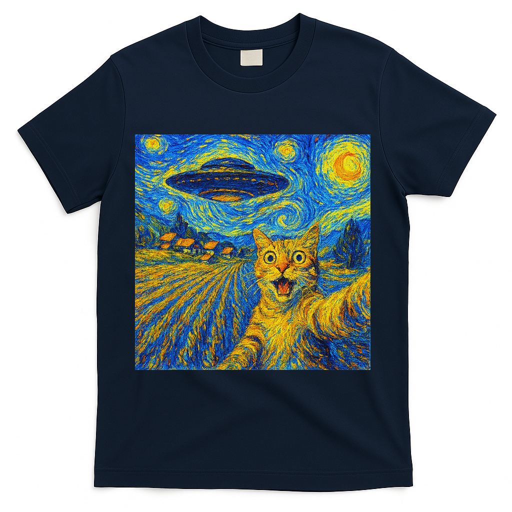 Alien Invasion Starry Night Cool Cat Lovers Gift Idea T-Shirt - Navy