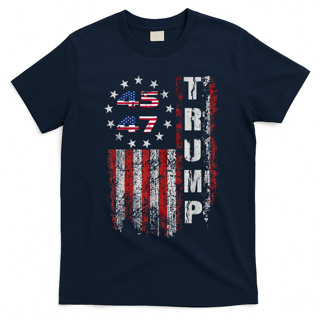 American Made Trump Merchandise Trump 45 47 Flag 2025 T-Shirt - Navy Blue