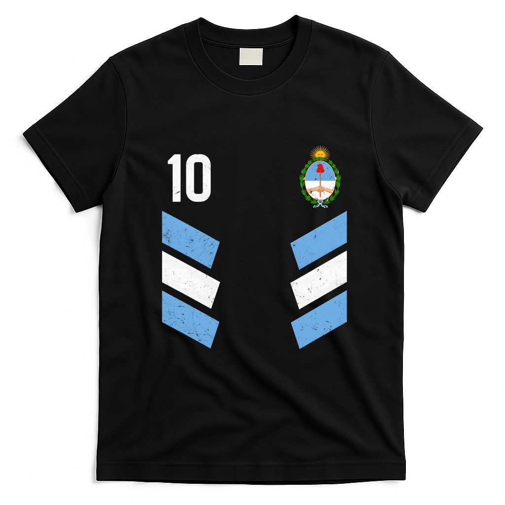 Argentina Soccer Team Jersey 10 Flag Elblem T-Shirt - Black