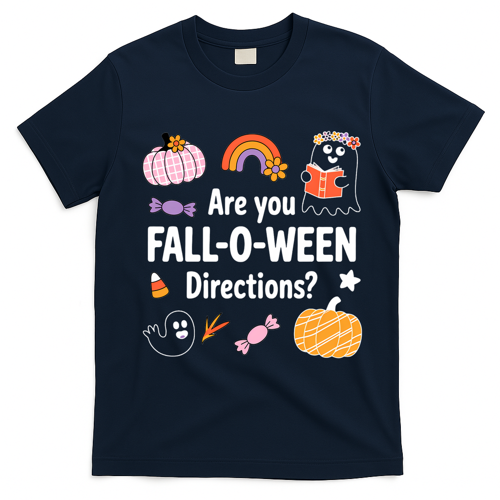 Are You Fall O Ween Directions Teacher Halloween Ghost T-Shirt - Navy Blue