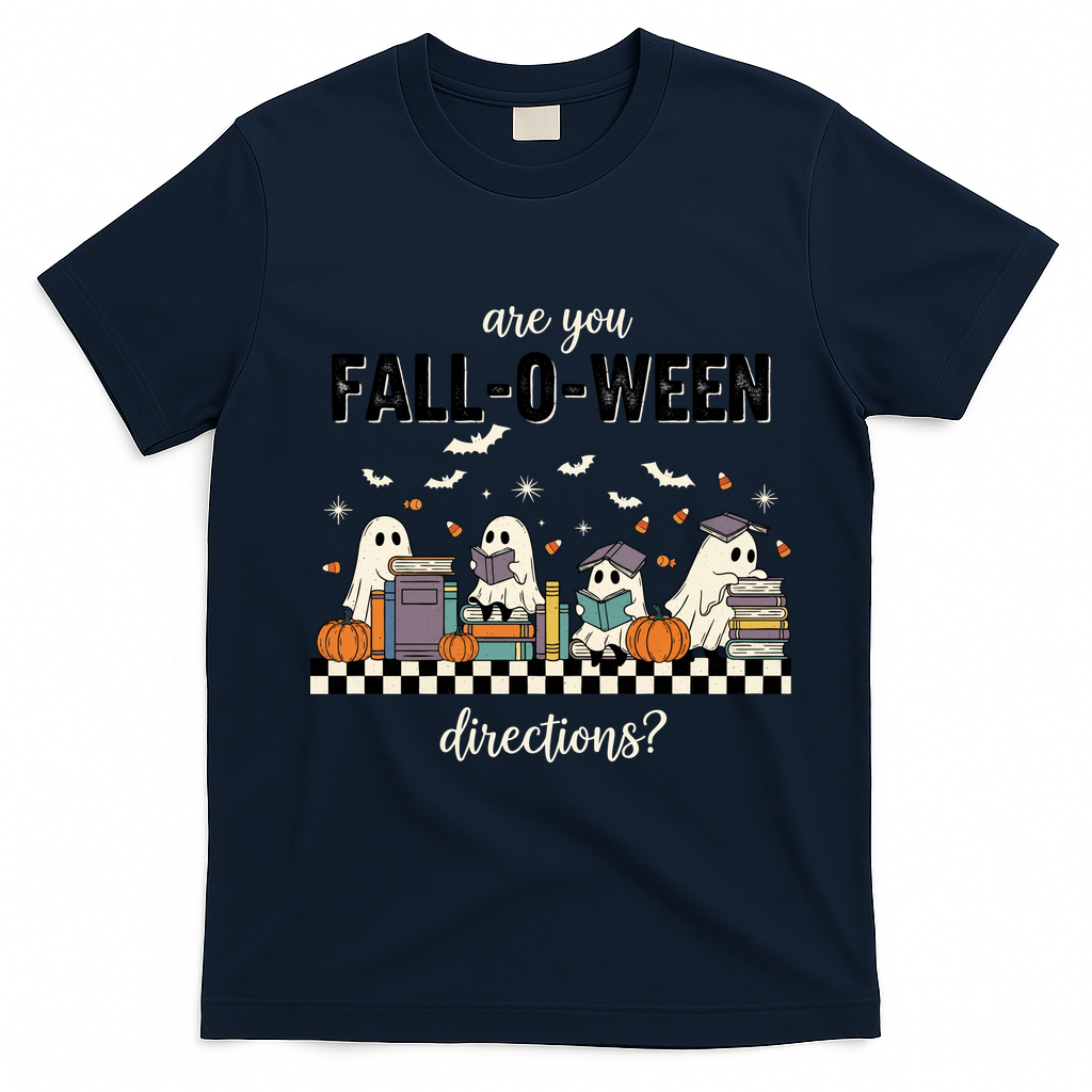 Are You Fallo Ween Directions Reading Ghost Halloween Teacher T-Shirt - Navy Blue