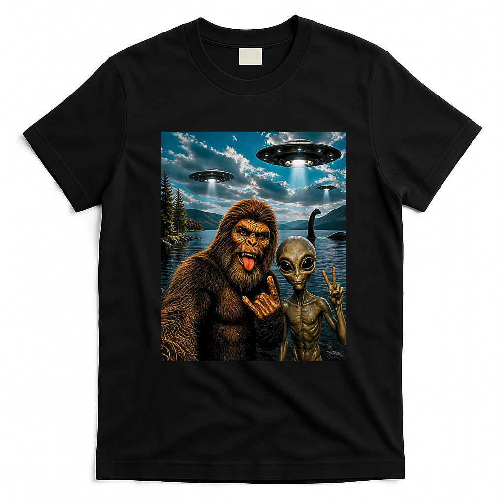 Bigfoot Alien Selfie Rock On Peace Sign UFO Sasquatch T-Shirt - Black