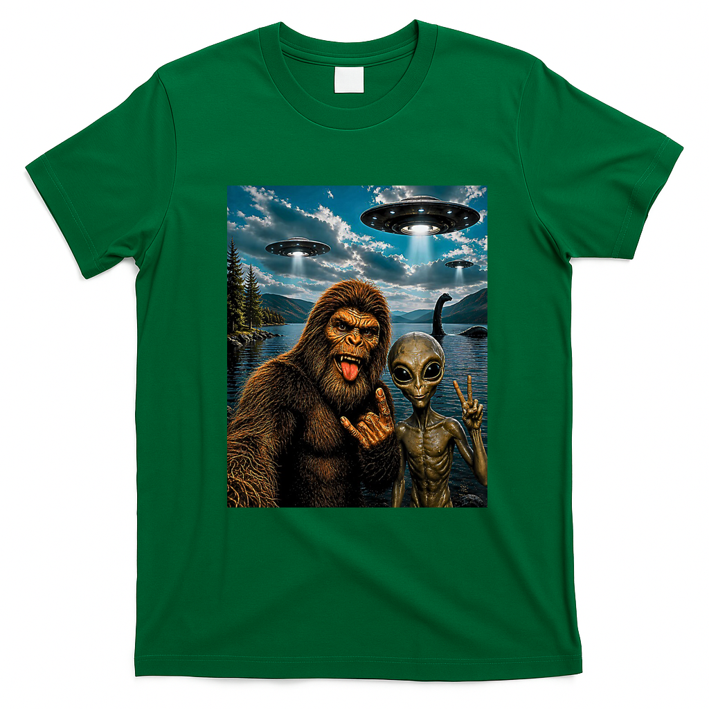 Bigfoot Alien Selfie Rock On Peace Sign UFO Sasquatch T-Shirt - Irish Green