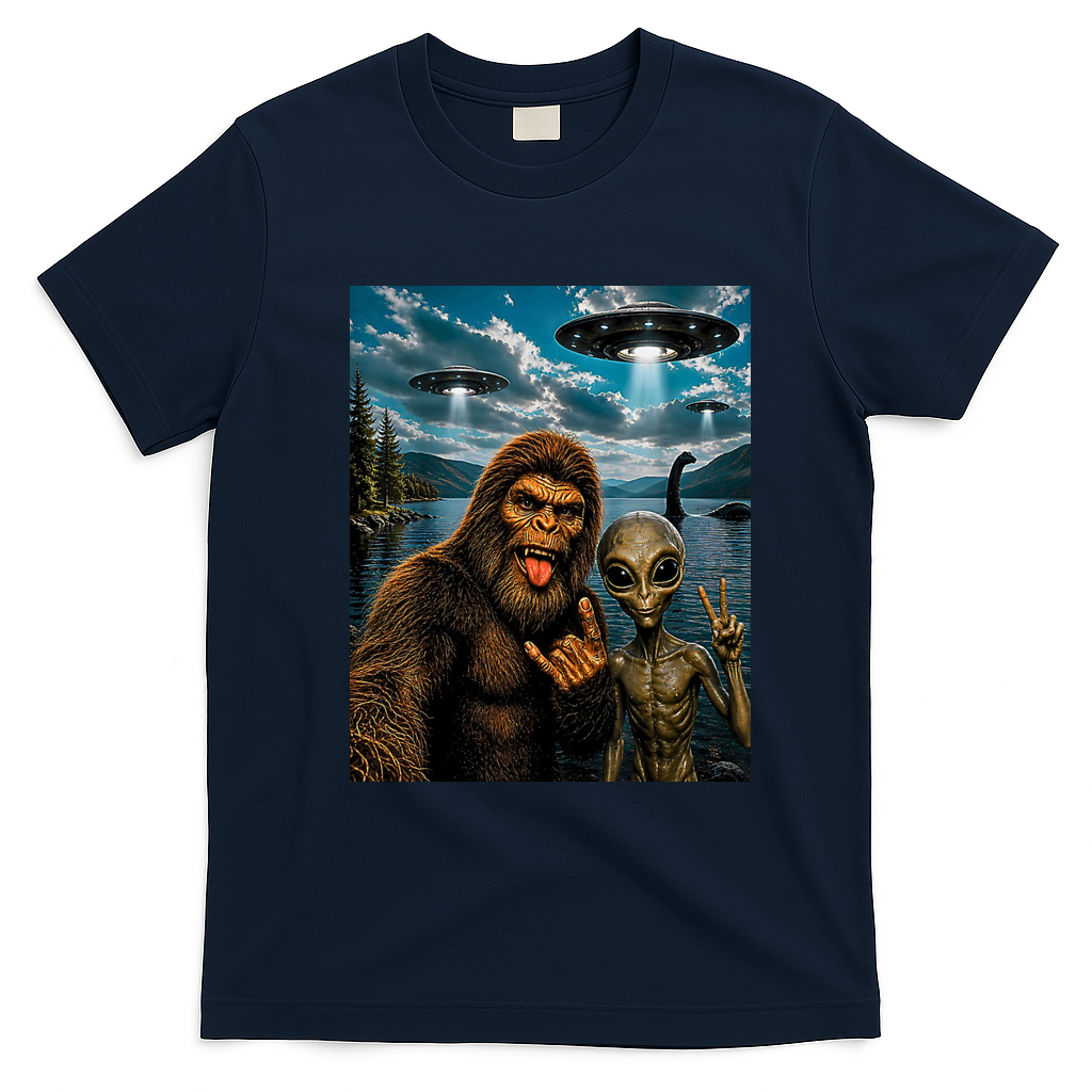 Bigfoot Alien Selfie Rock On Peace Sign UFO Sasquatch T-Shirt - Navy Blue