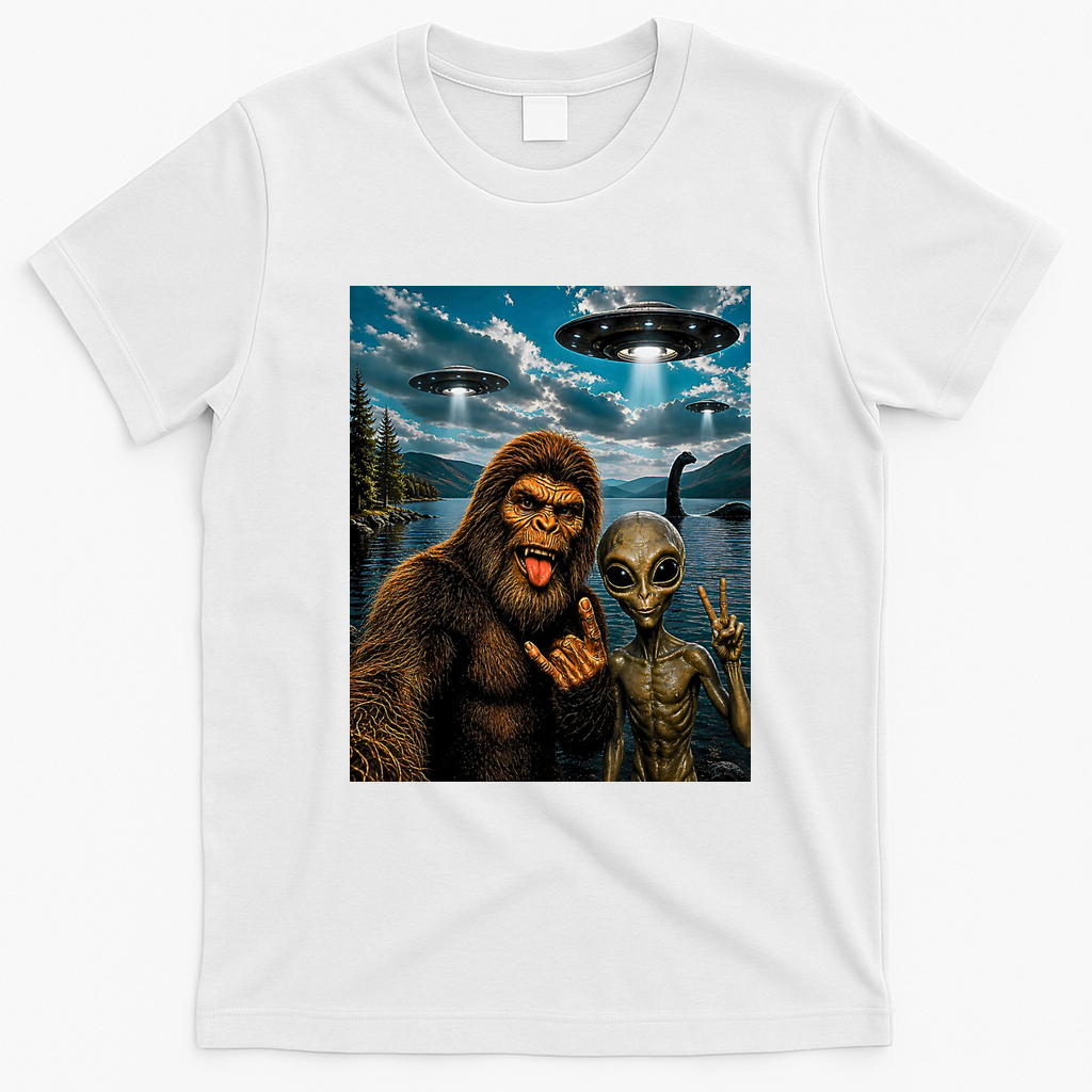 Bigfoot Alien Selfie Rock On Peace Sign UFO Sasquatch T-Shirt - White