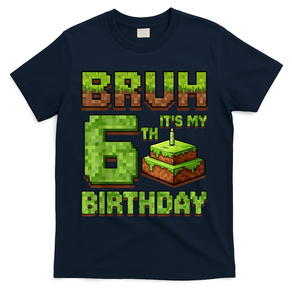 Birthday Boy Bruh It'S My 6th Birthday Game Pixel T-Shirt - Navy