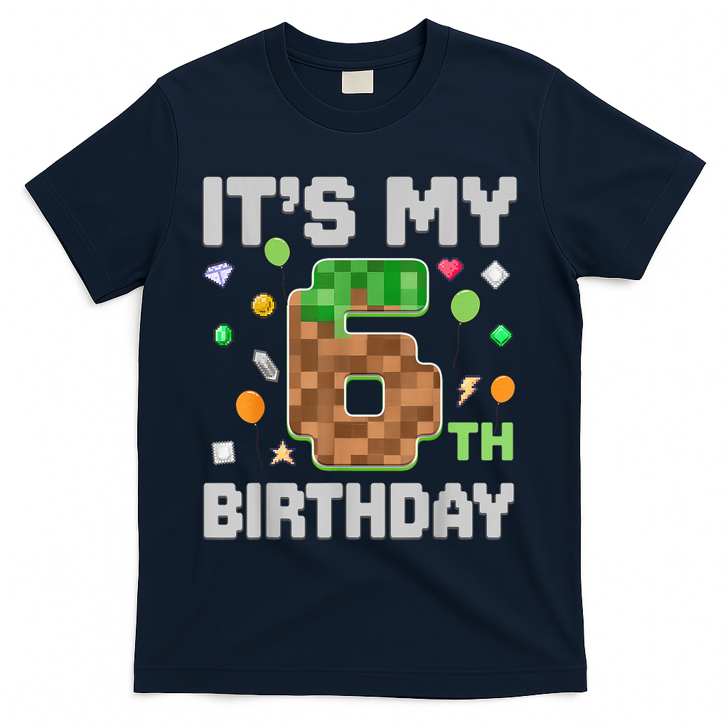 Birthday Boy It'S My 6th Birthday Gamer Pixel Number T-Shirt - Navy
