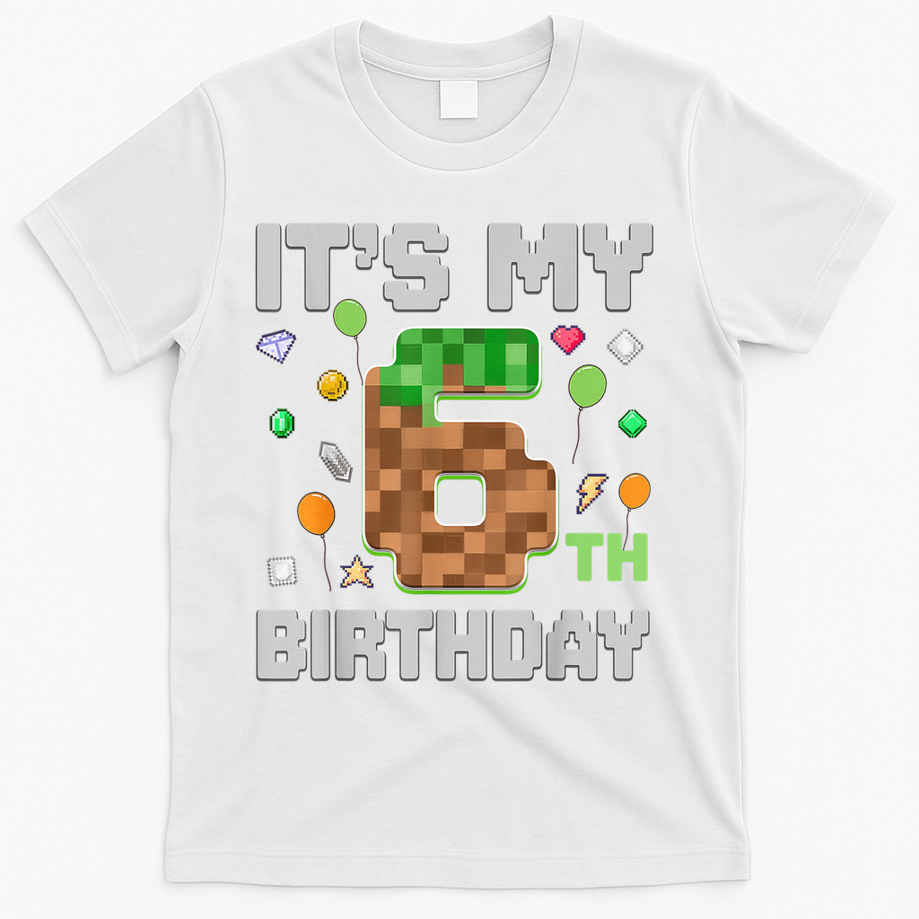 Birthday Boy It'S My 6th Birthday Gamer Pixel Number T-Shirt - White