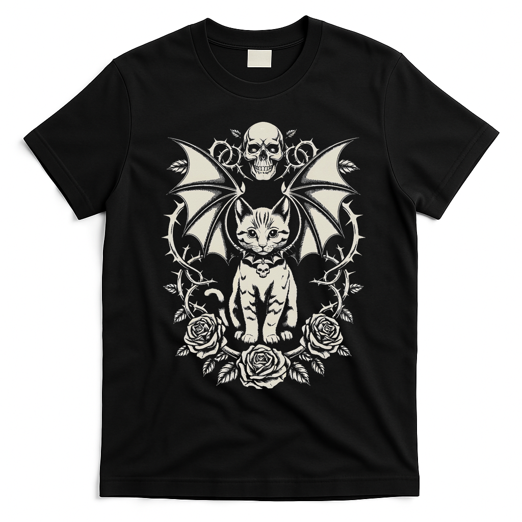 Black Cat Goth Kitten Halloween Skulls Rose Mom Dad T-Shirt - Black