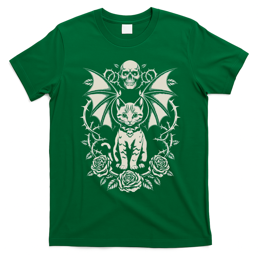 Black Cat Goth Kitten Halloween Skulls Rose Mom Dad T-Shirt - Irish Green