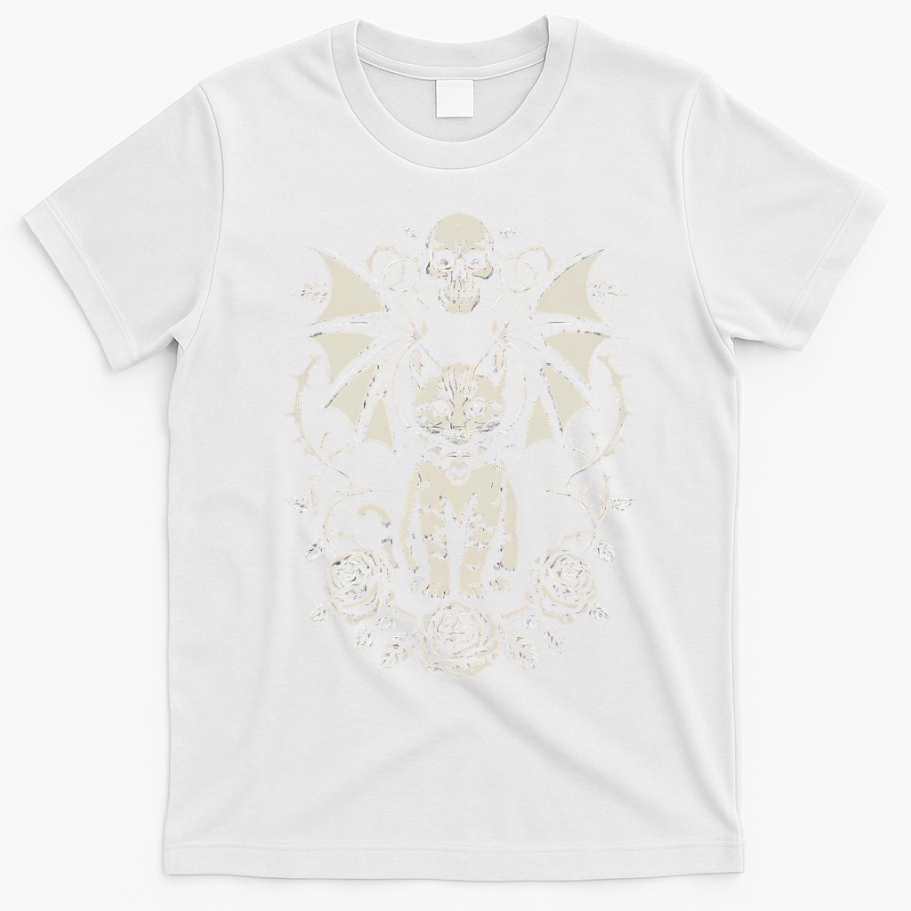 Black Cat Goth Kitten Halloween Skulls Rose Mom Dad T-Shirt - White