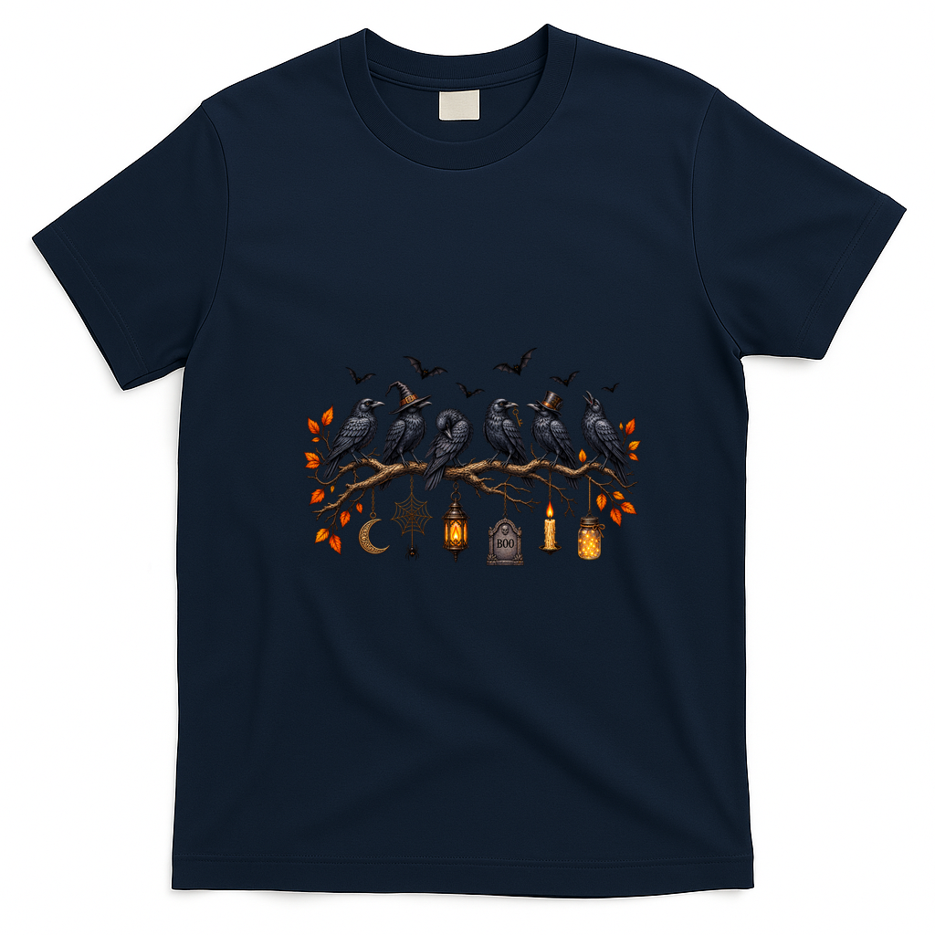 Black Crow Halloween Scary Witch T-Shirt - Navy Blue