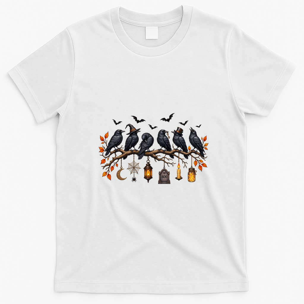 Black Crow Halloween Scary Witch T-Shirt - White