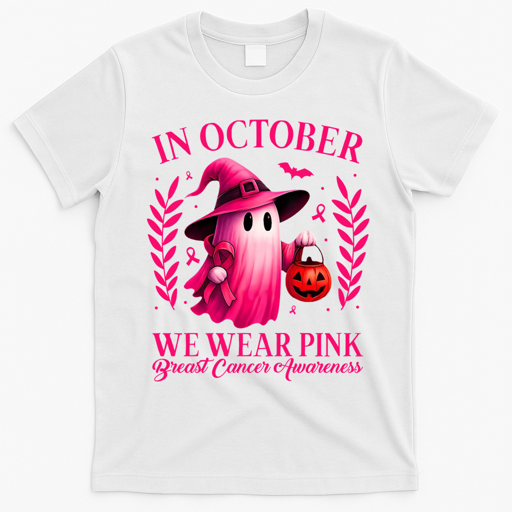 Breast Cancer Halloween Ghost Wear Pink In October T-Shirt - White