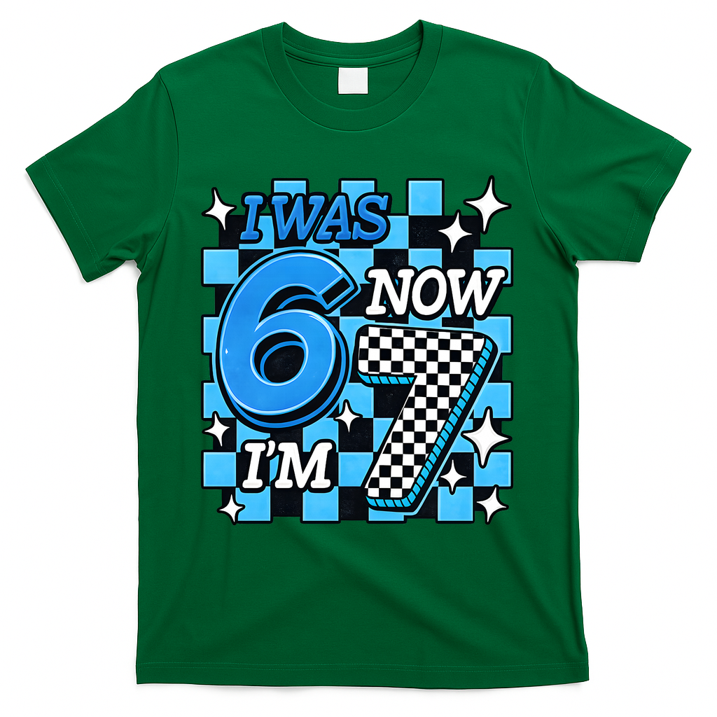 Blue Checkered I Was 6 Now I'm 7 67 Birthday Boy T-Shirt - Green