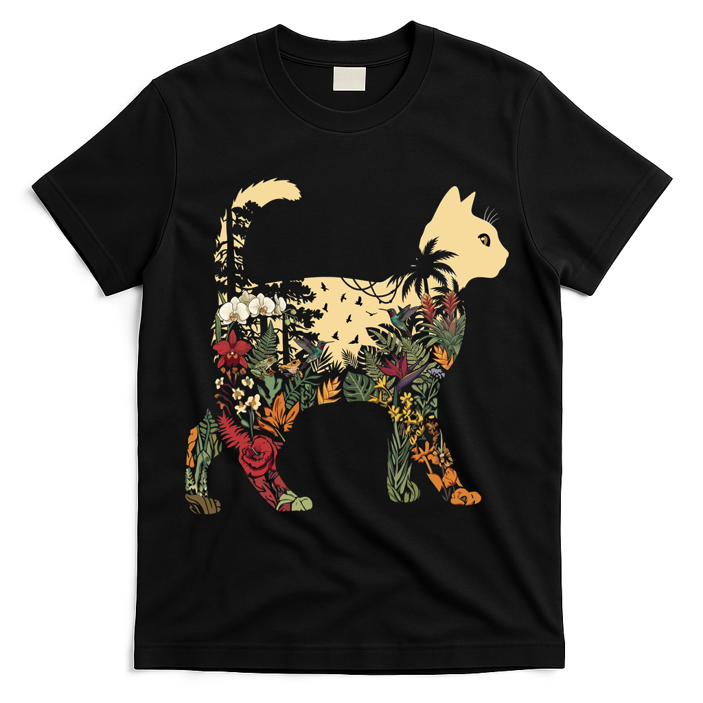 Boho Cat Plants Nature Trees Wild Flowers Graphic T-Shirt - Black
