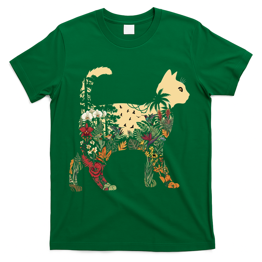 Boho Cat Plants Nature Trees Wild Flowers Graphic T-Shirt - Green