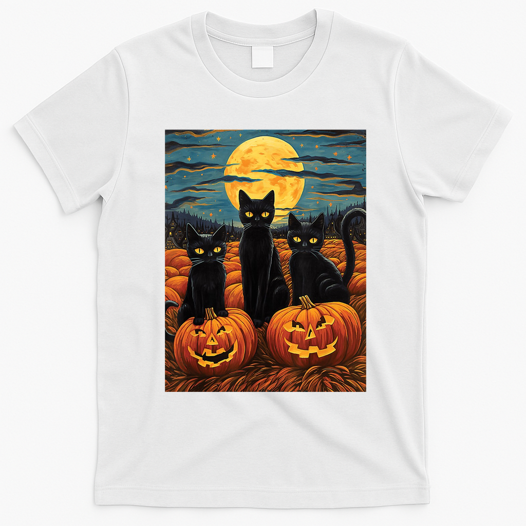 Black Cat Starry Night Van Gogh Funny Halloween T-Shirt - White