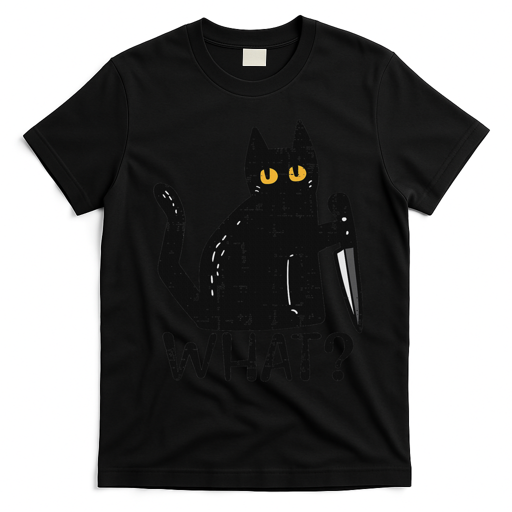 Black Cat What Knife Funny Murderous Halloween Pet Women T-Shirt - Black