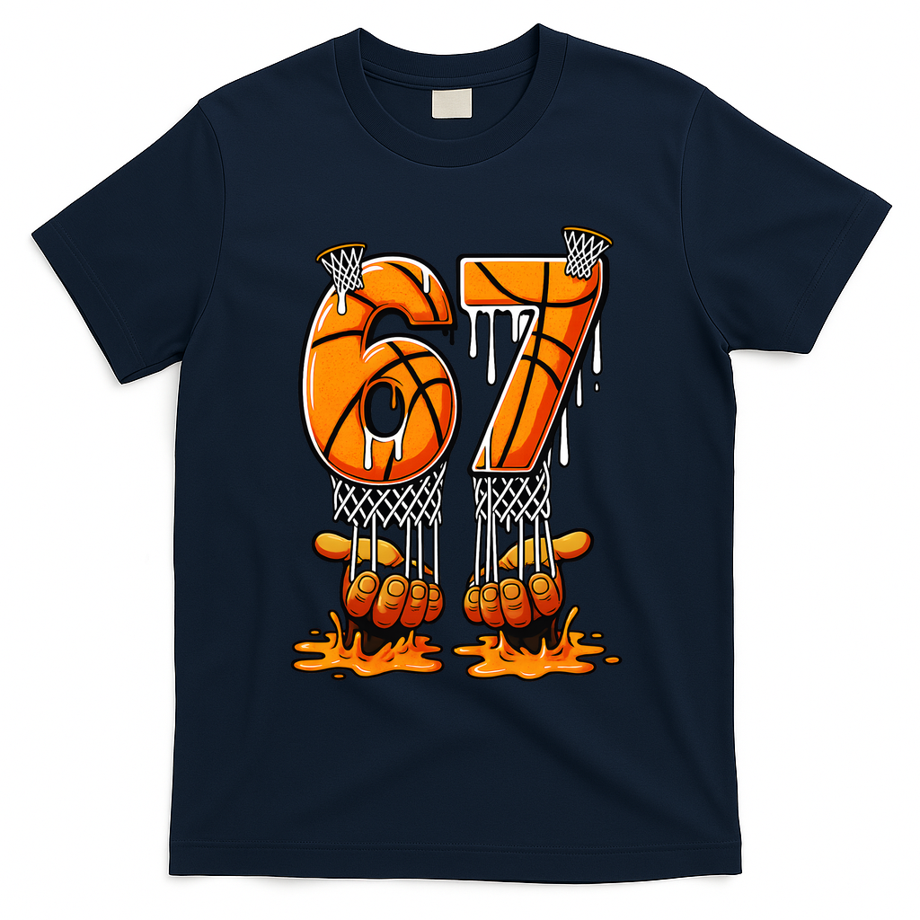 Basketball Drip 67 Six Seven Funny 6-7 Gen Alpha Meme T-Shirt - Navy