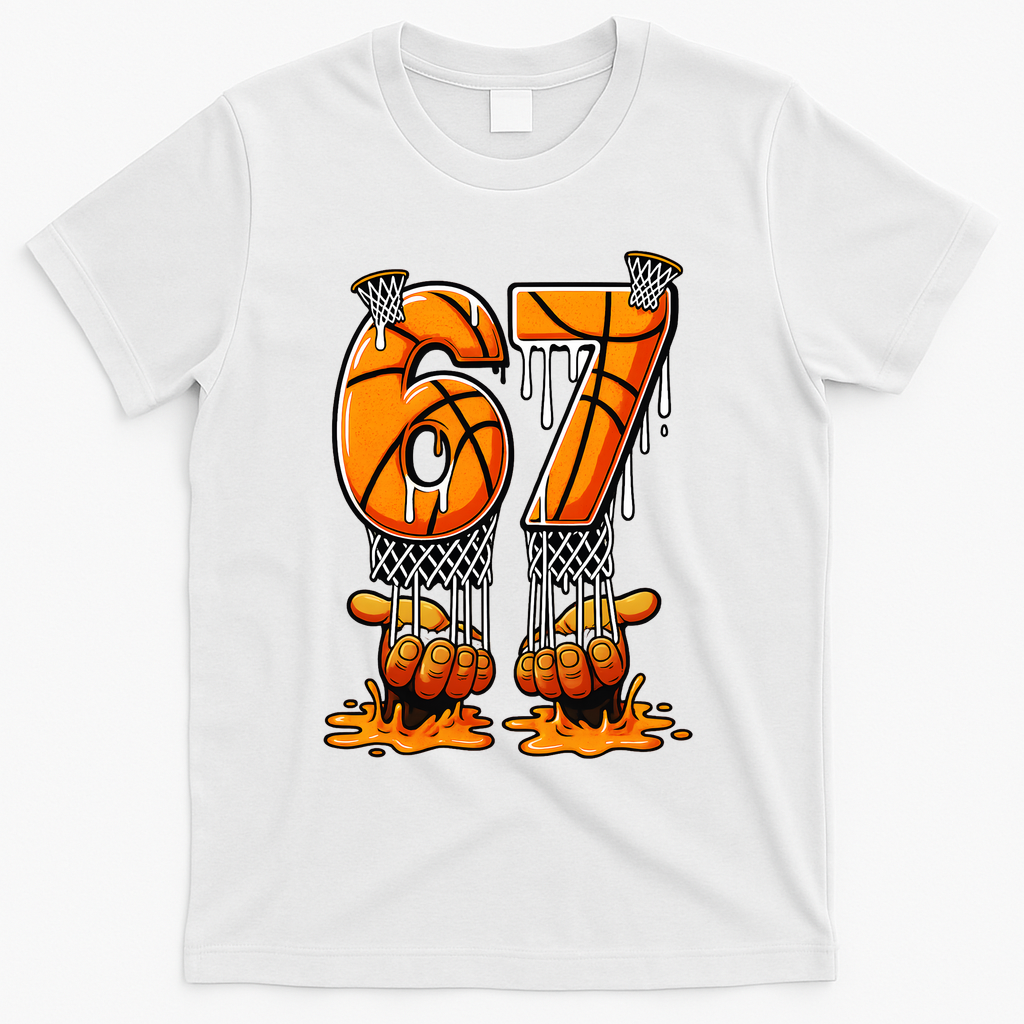 Basketball Drip 67 Six Seven Funny 6-7 Gen Alpha Meme T-Shirt - White