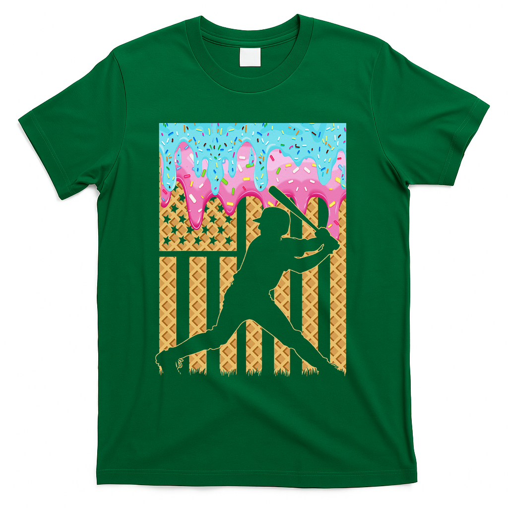 Baseball Drip Bat Dripping Ice Cream American Flag T-Shirt - Green