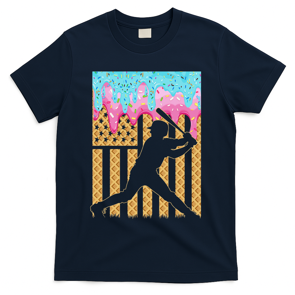 Baseball Drip Bat Dripping Ice Cream American Flag T-Shirt - Navy
