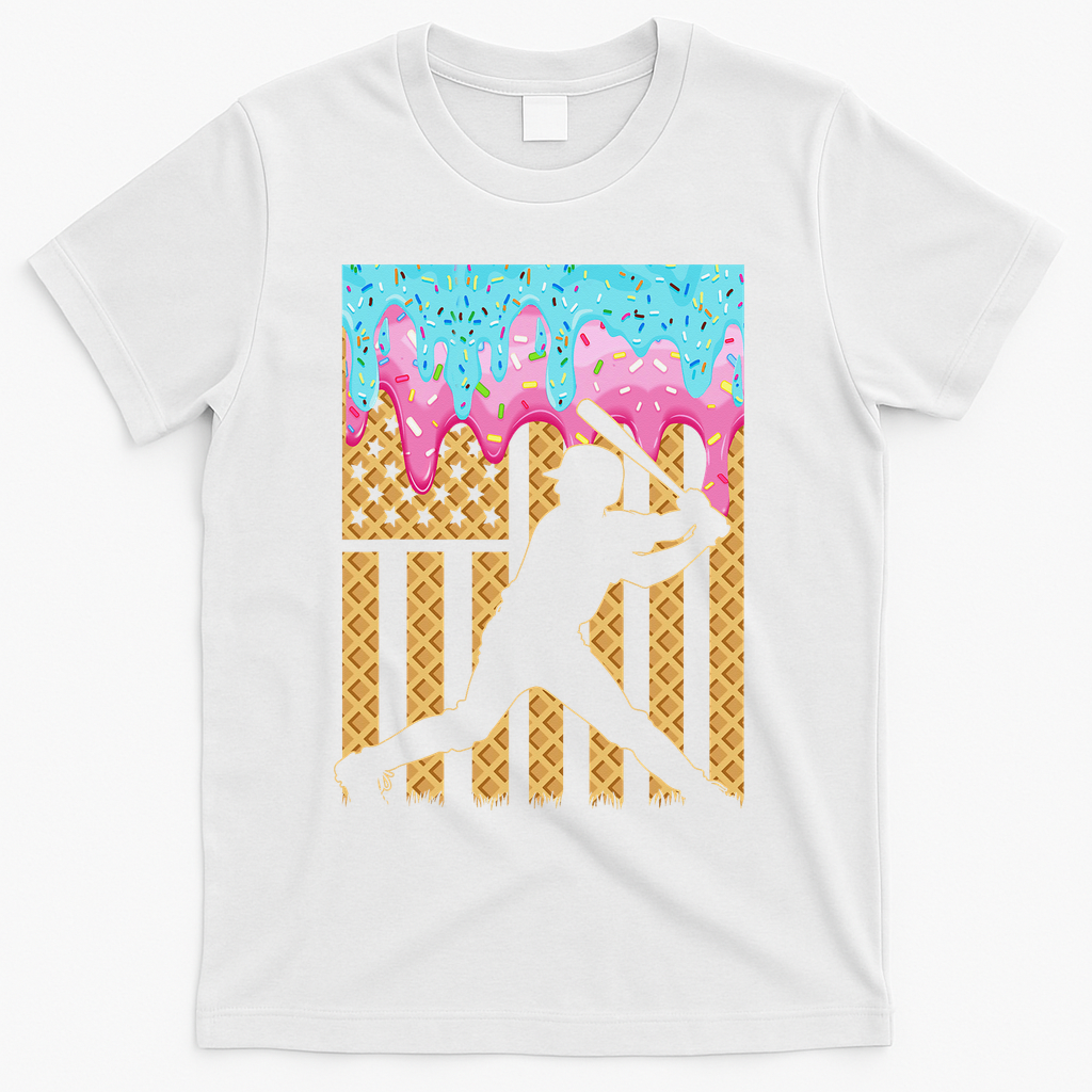 Baseball Drip Bat Dripping Ice Cream American Flag T-Shirt - White
