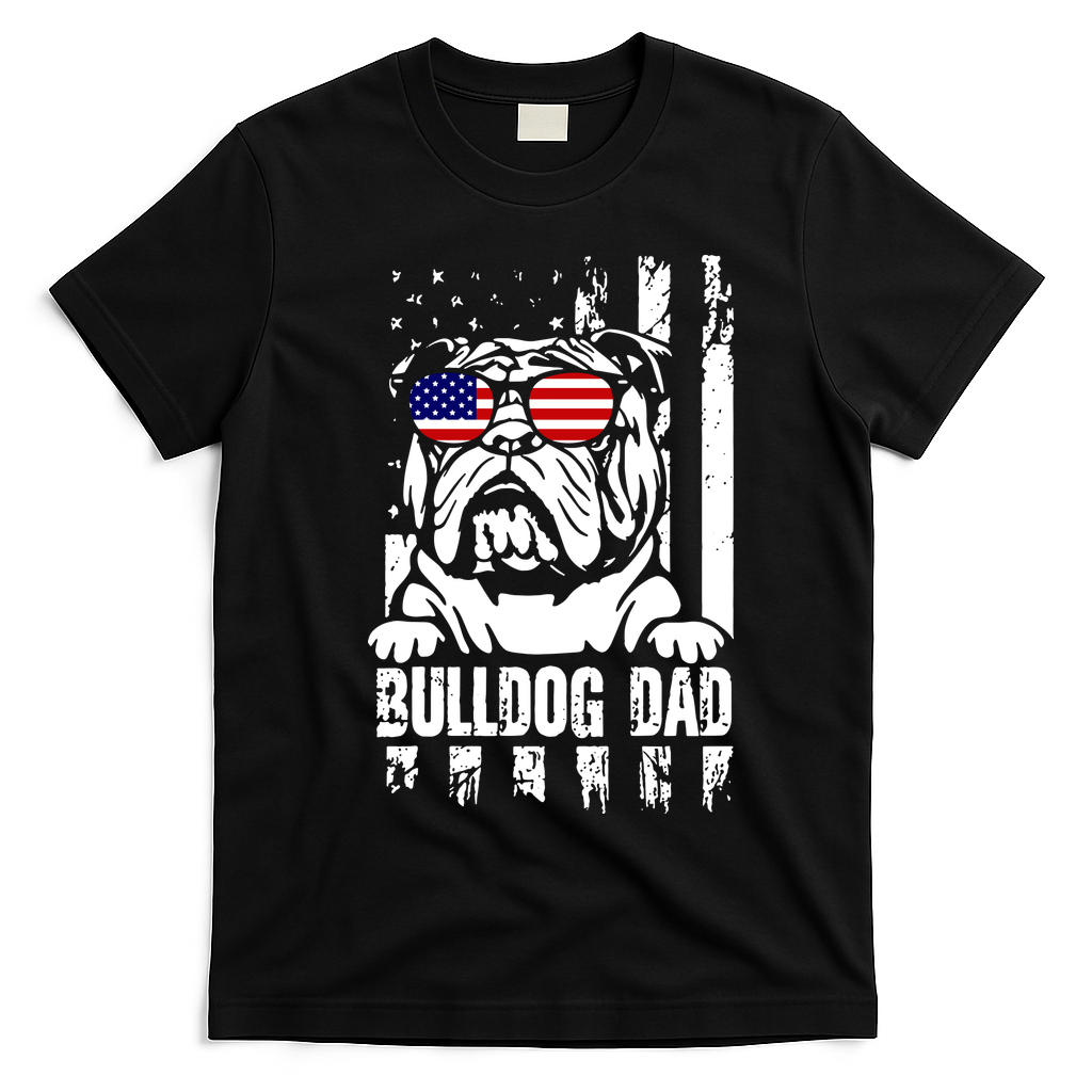 Bulldog Dad Father's Day English Bulldog Bull Dog Dad American Flag 4th Of July T-Shirt - Black