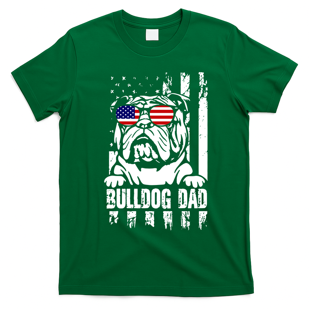 Bulldog Dad Father's Day English Bulldog Bull Dog Dad American Flag 4th Of July T-Shirt - Irish Green