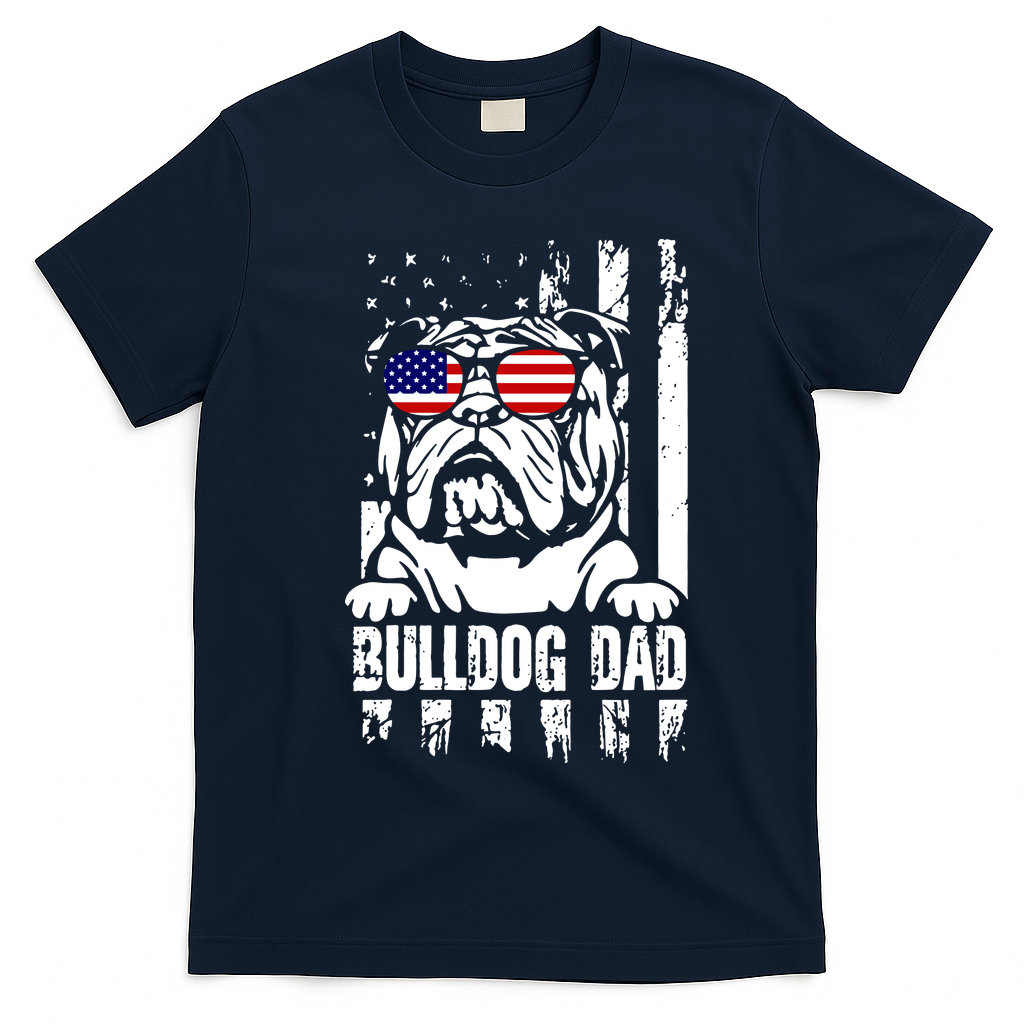 Bulldog Dad Father's Day English Bulldog Bull Dog Dad American Flag 4th Of July T-Shirt - Navy Blue