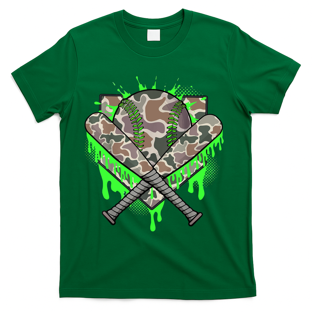Baseball Drip For Boy Ice Cream Dripping Boy Baseball Camo  T-Shirt - Green