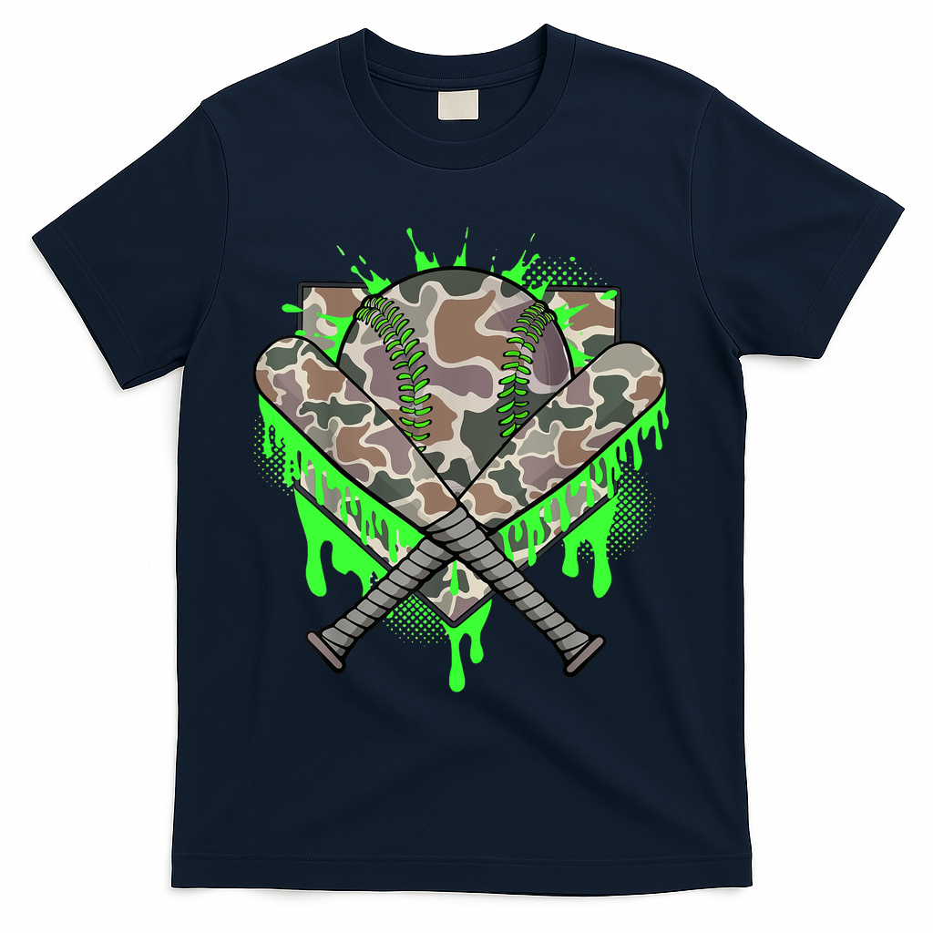 Baseball Drip For Boy Ice Cream Dripping Boy Baseball Camo  T-Shirt - Navy