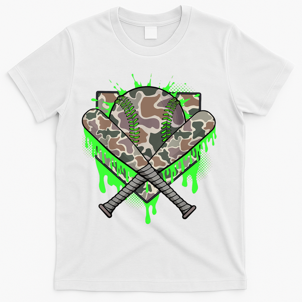 Baseball Drip For Boy Ice Cream Dripping Boy Baseball Camo  T-Shirt - White