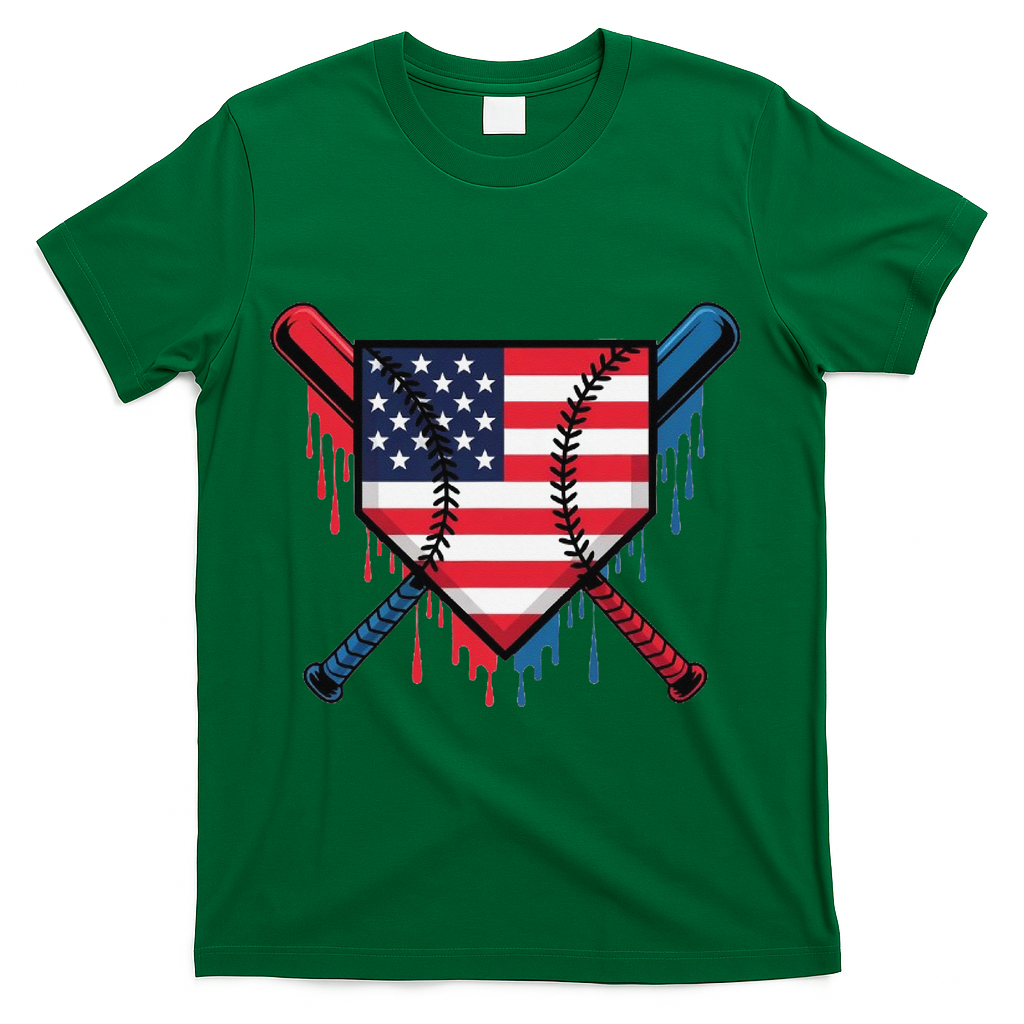 Baseball Drip Ice Cream Patriotic American Flag Funny T-Shirt - Green