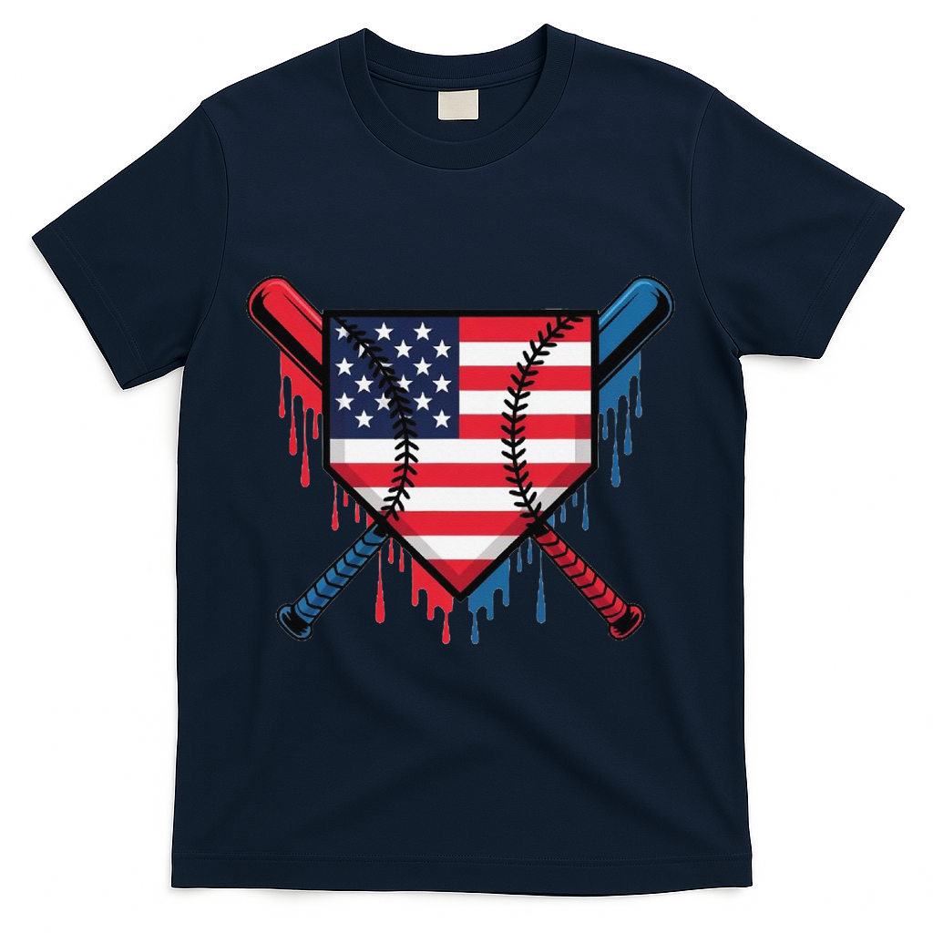 Baseball Drip Ice Cream Patriotic American Flag Funny T-Shirt - Navy