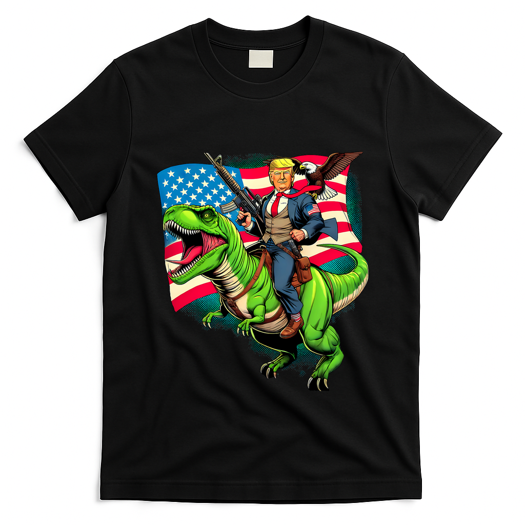 Bald Eagle Us Flag Trump Riding A Trex T-Shirt - Black