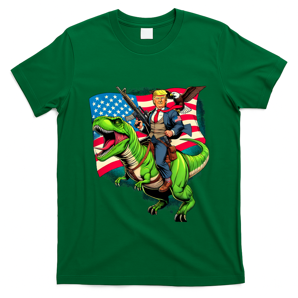 Bald Eagle Us Flag Trump Riding A Trex T-Shirt - Irish Green