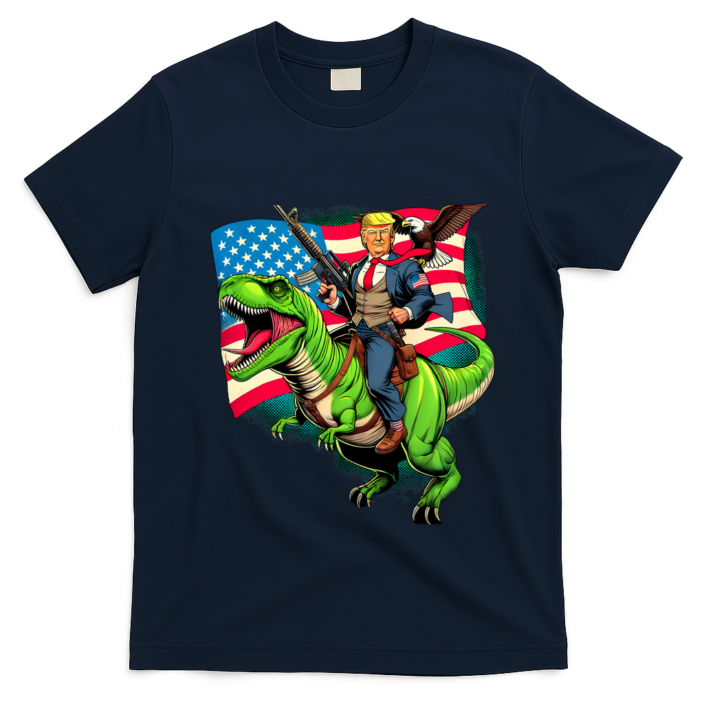 Bald Eagle Us Flag Trump Riding A Trex T-Shirt - Navy Blue