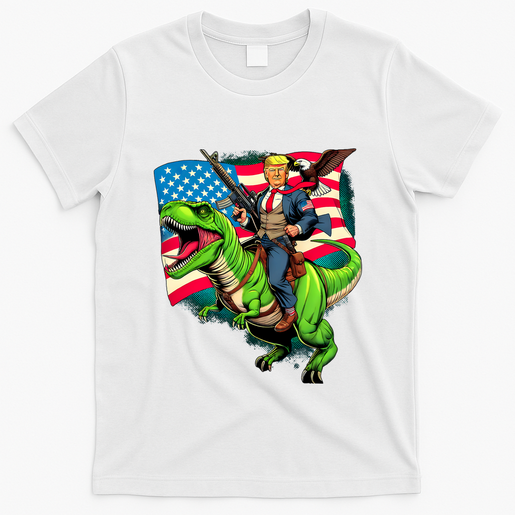 Bald Eagle Us Flag Trump Riding A Trex T-Shirt - White