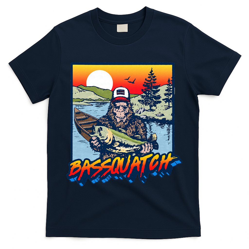 Bassquatch! Funny Bass Fishing Sasquatch Retro 80s Fisherman Gift T-Shirt