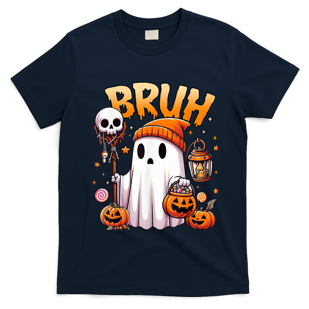 Bruh Ghost Halloween Cute Ghost Trick Or Treat T-Shirt - Navy Blue
